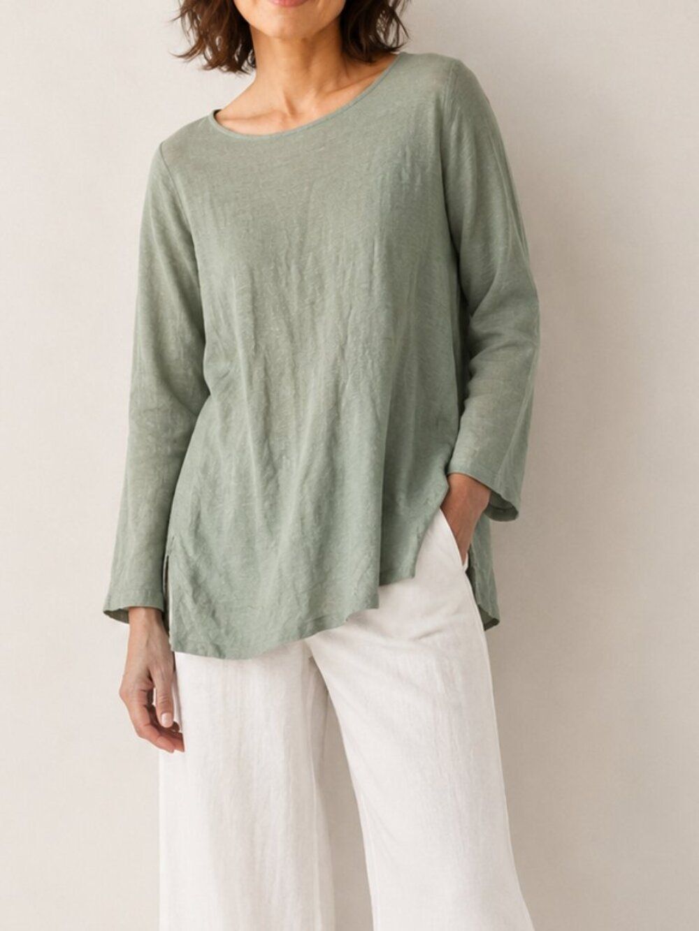 Eileen Fisher Organic Linen Tunic Top Medium Large Green Minimalist Lagenlook - Picture 1 of 8
